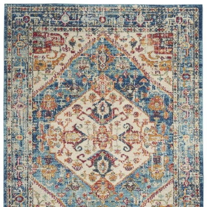 4' Ivory And Blue Oriental Distressed Round Rug