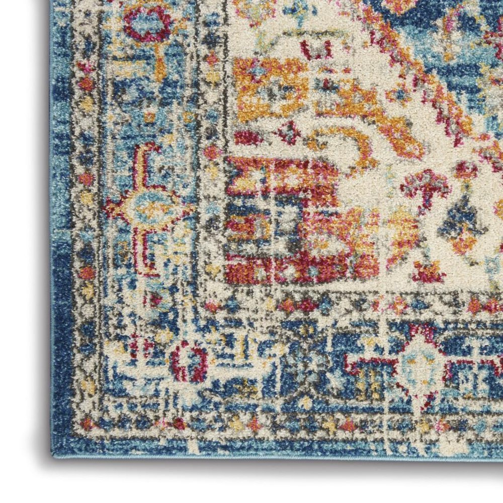 4' Ivory And Blue Oriental Distressed Round Rug