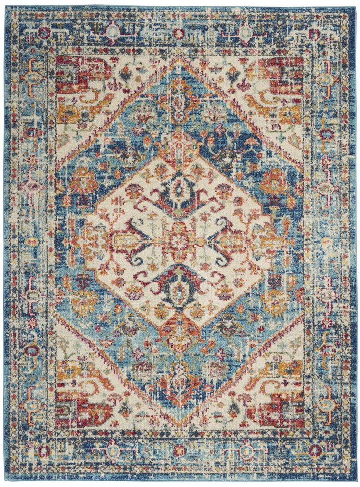 4' Ivory And Blue Oriental Distressed Round Rug