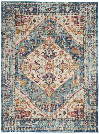 4' Ivory And Blue Oriental Distressed Round Rug