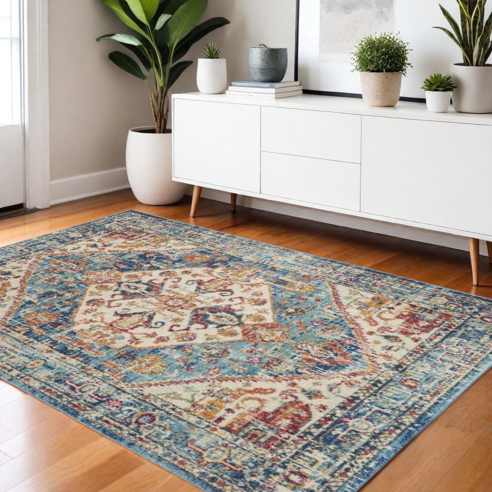 4' Ivory And Blue Oriental Distressed Round Rug