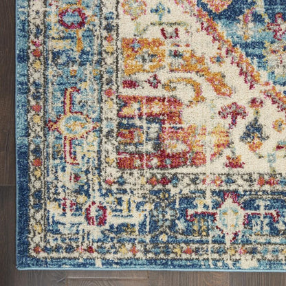 4' Ivory And Blue Oriental Distressed Round Rug