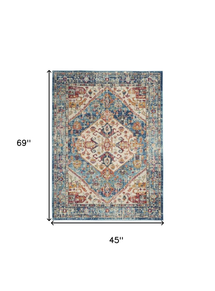 4' Ivory And Blue Oriental Distressed Round Rug