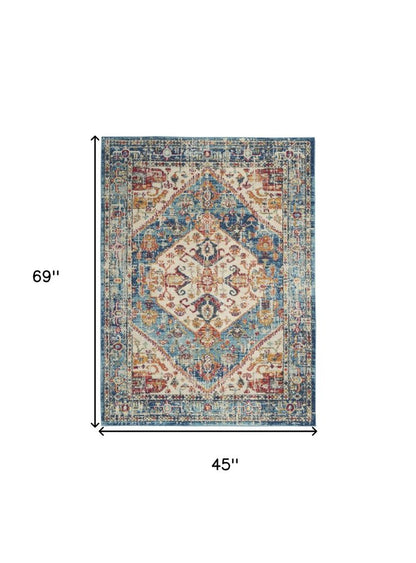 4' Ivory And Blue Oriental Distressed Round Rug