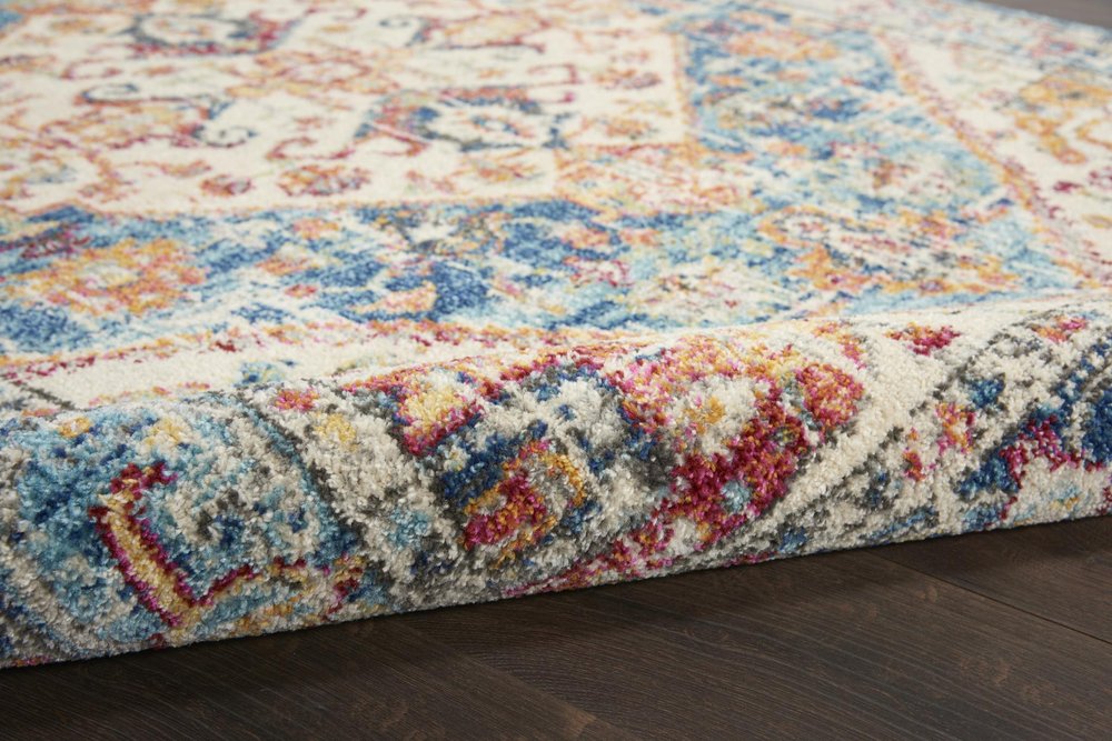 4' Ivory And Blue Oriental Distressed Round Rug