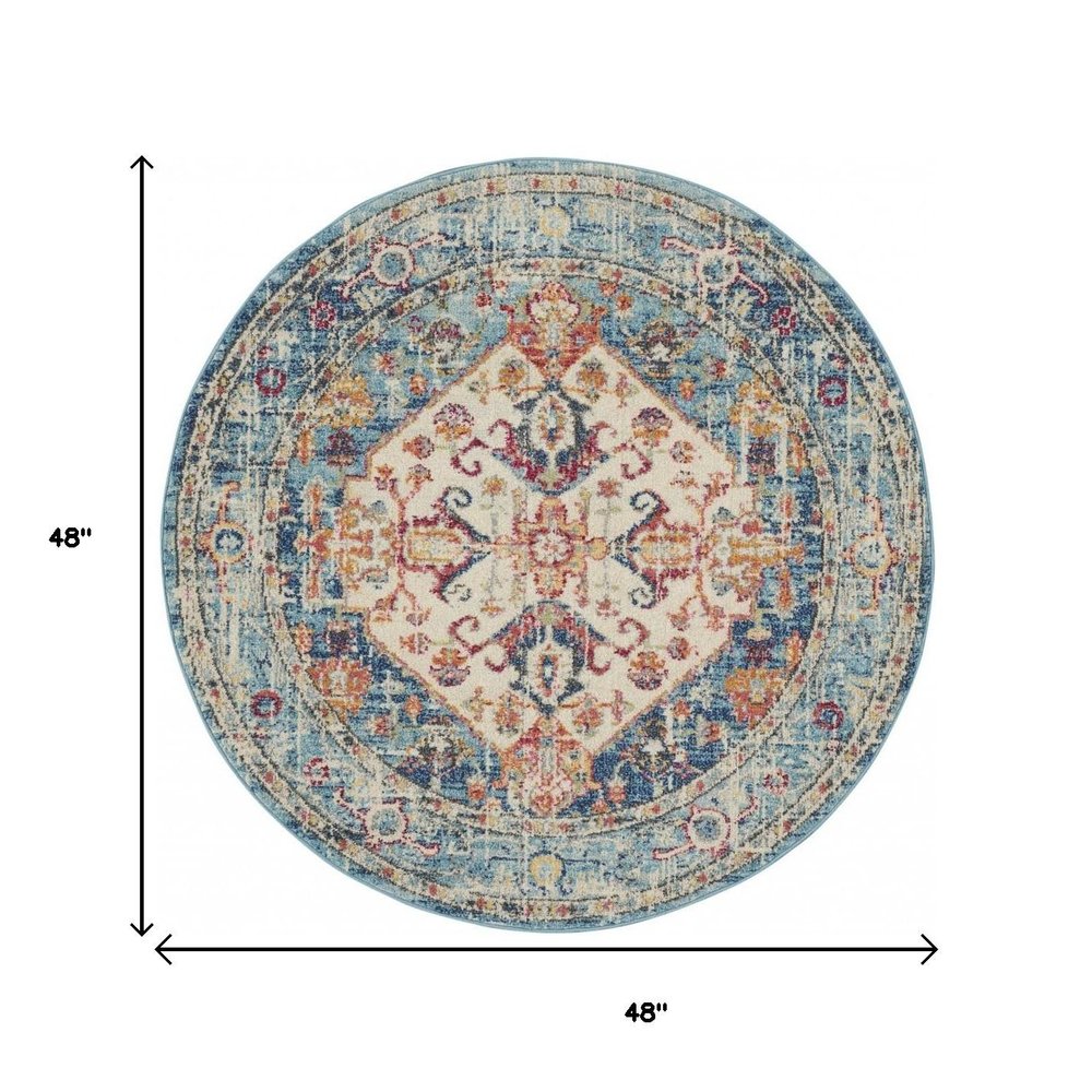 4' Ivory And Blue Oriental Distressed Round Rug