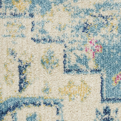 6' Ivory And Blue Oriental Distressed Runner Rug