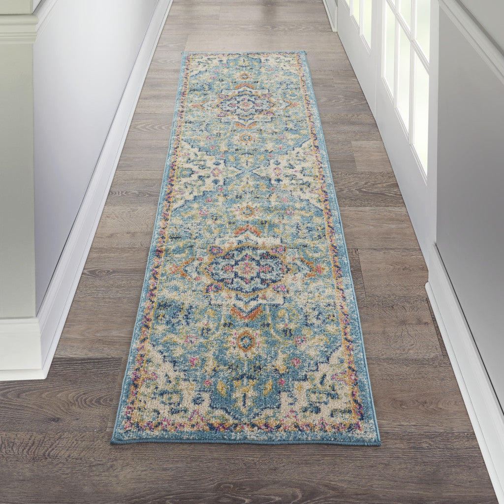 8' Blue And Ivory Dhurrie Runner Rug