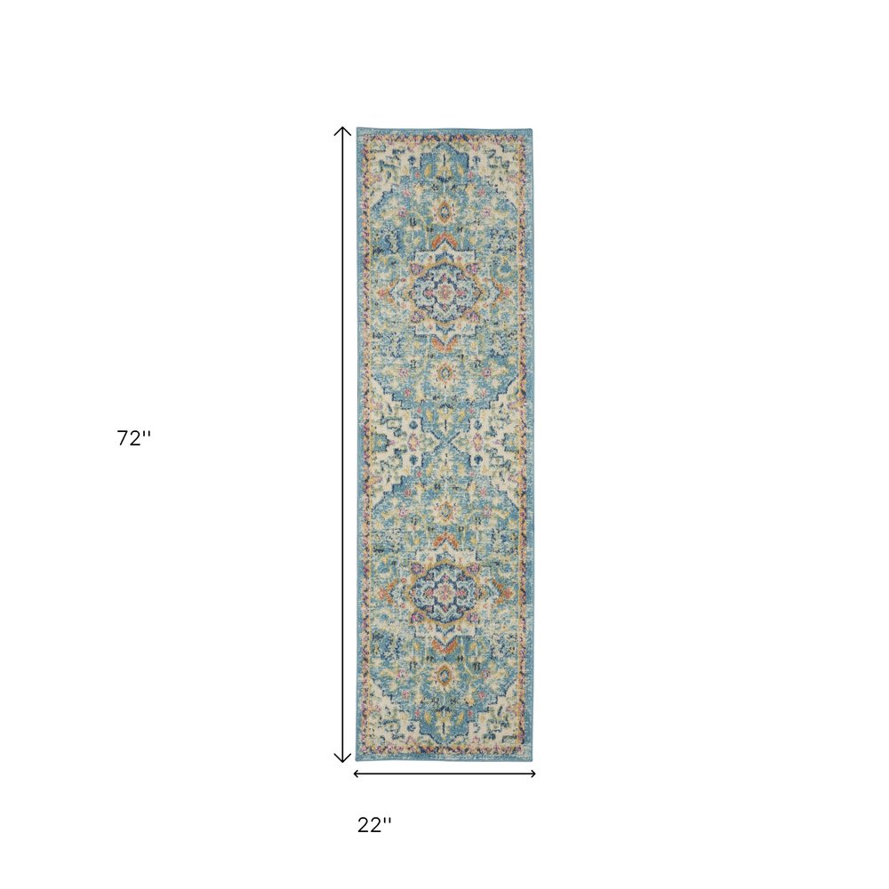 8' Ivory And Blue Oriental Distressed Runner Rug