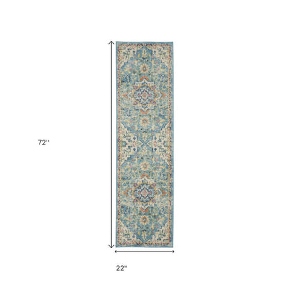 8' Ivory And Blue Oriental Distressed Runner Rug