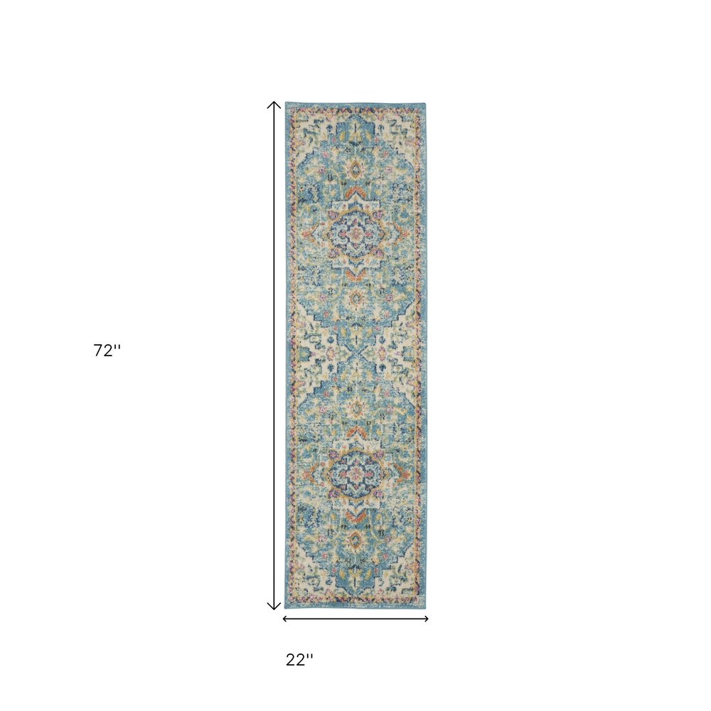 8' Ivory And Blue Oriental Distressed Runner Rug