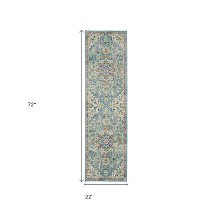 8' Ivory And Blue Oriental Distressed Runner Rug