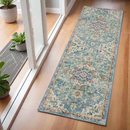 8' Ivory And Blue Oriental Distressed Runner Rug