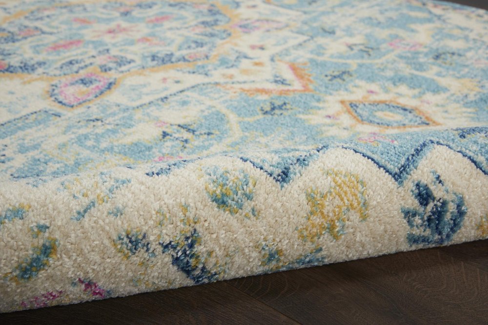 6' Ivory And Blue Oriental Distressed Runner Rug