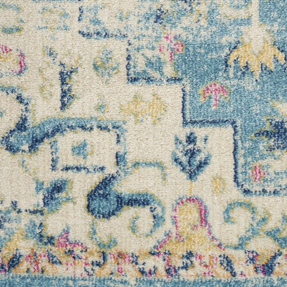 8' Ivory And Blue Oriental Distressed Runner Rug