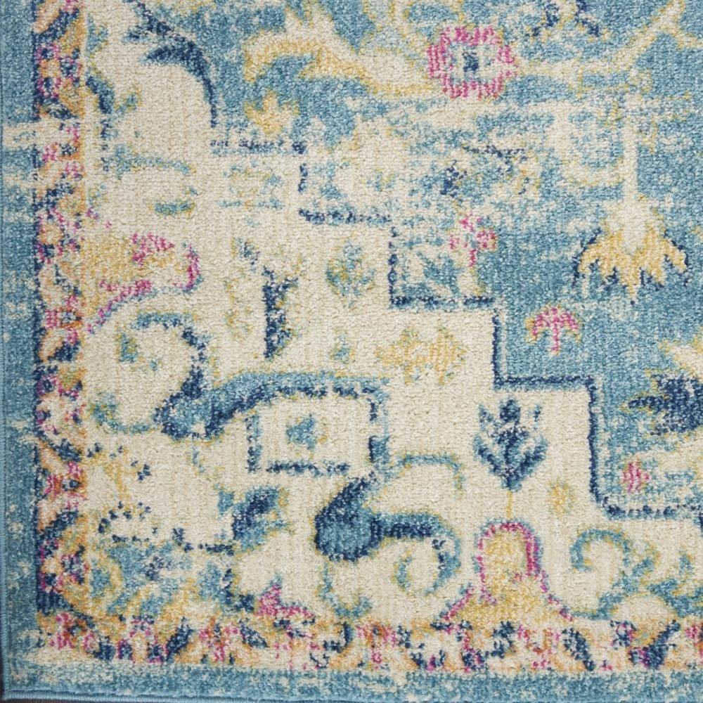 8' Ivory And Blue Oriental Distressed Runner Rug