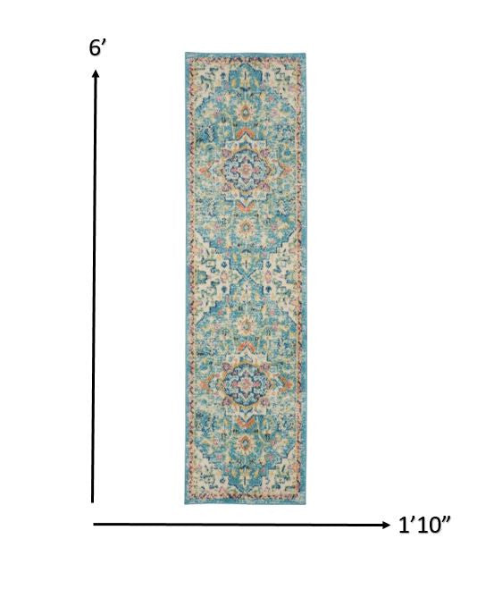 8' Blue And Ivory Dhurrie Runner Rug