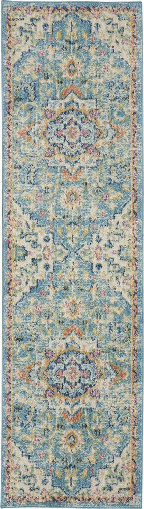 6' Ivory And Blue Oriental Distressed Runner Rug