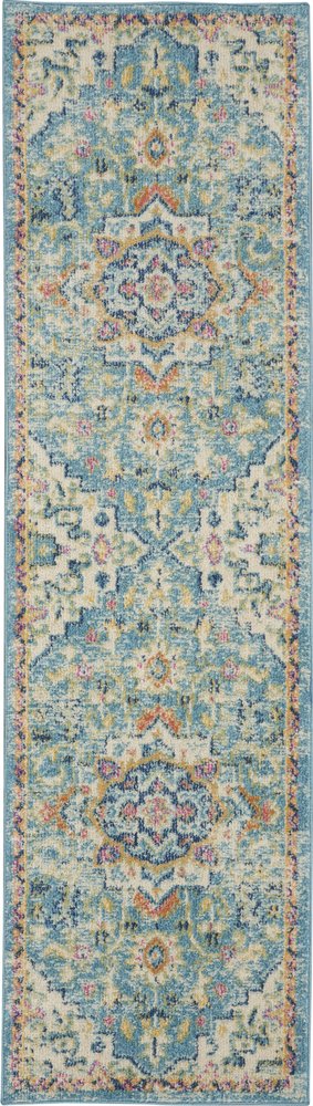 8' Ivory And Blue Oriental Distressed Runner Rug
