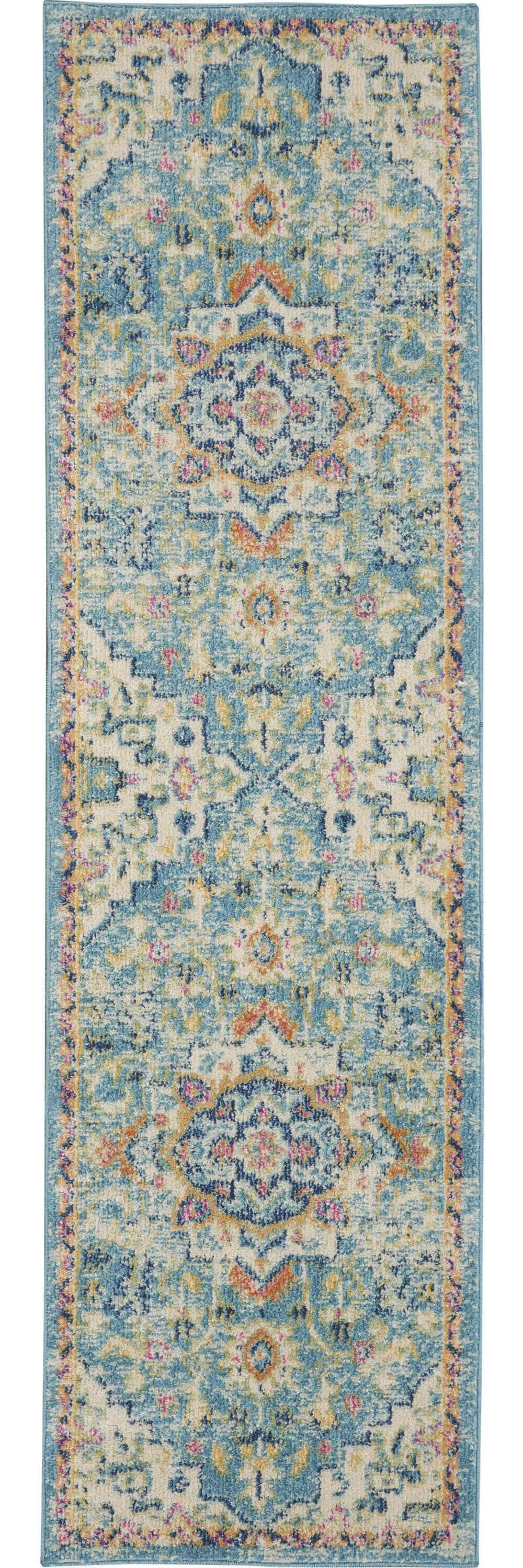 8' Blue And Ivory Dhurrie Runner Rug