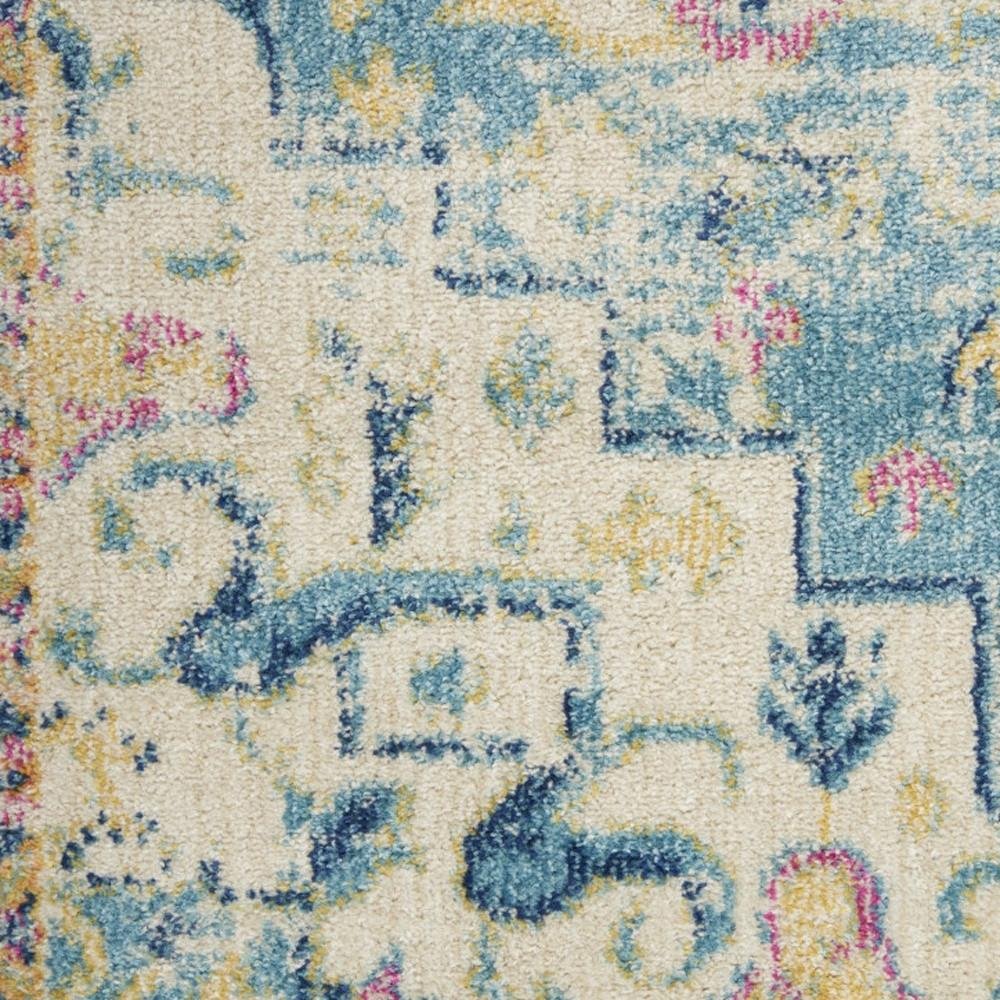 6' Ivory And Blue Oriental Distressed Runner Rug