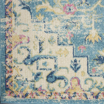 8' Ivory And Blue Oriental Distressed Runner Rug
