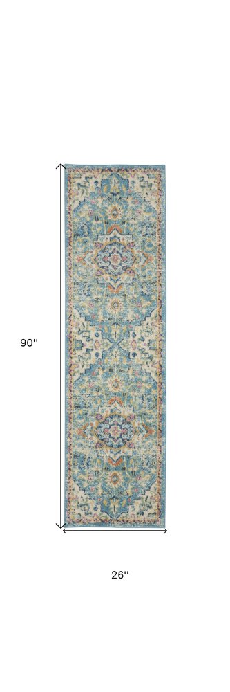 8' Ivory And Blue Oriental Distressed Runner Rug