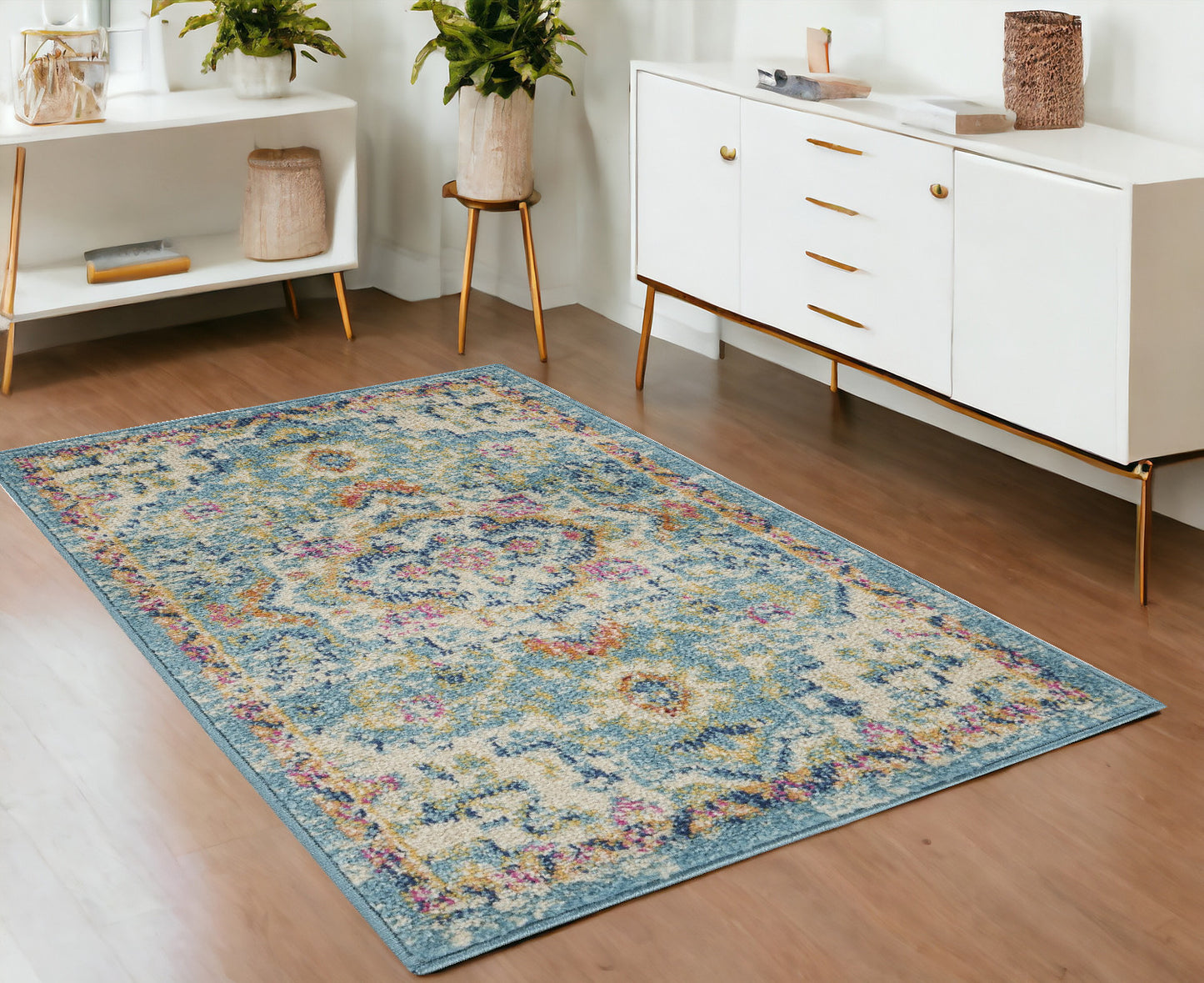 5' X 7' Blue And Ivory Dhurrie Area Rug