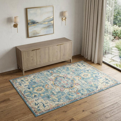 8' X 10' Ivory And Blue Oriental Distressed Area Rug