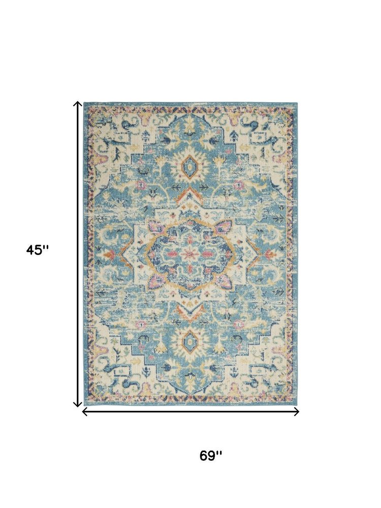 8' X 10' Ivory And Blue Oriental Distressed Area Rug