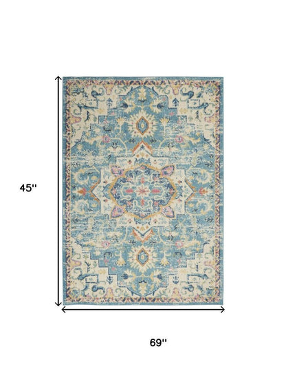 8' X 10' Ivory And Blue Oriental Distressed Area Rug