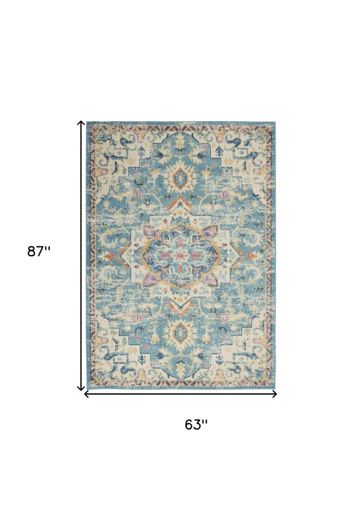 4' X 6' Ivory And Blue Oriental Distressed Area Rug
