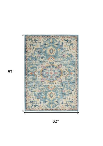 4' X 6' Ivory And Blue Oriental Distressed Area Rug