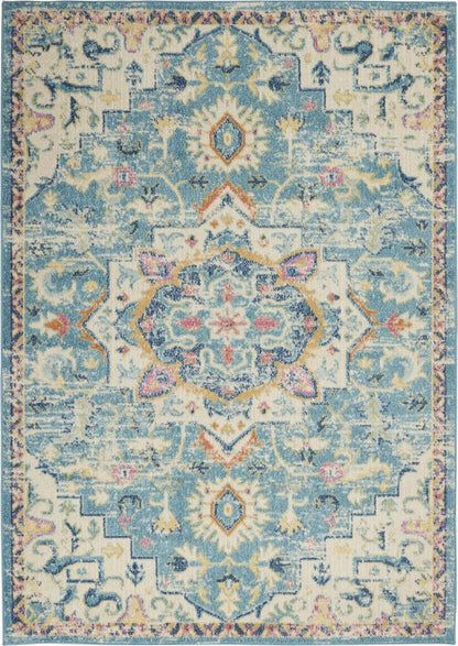8' X 10' Ivory And Blue Oriental Distressed Area Rug