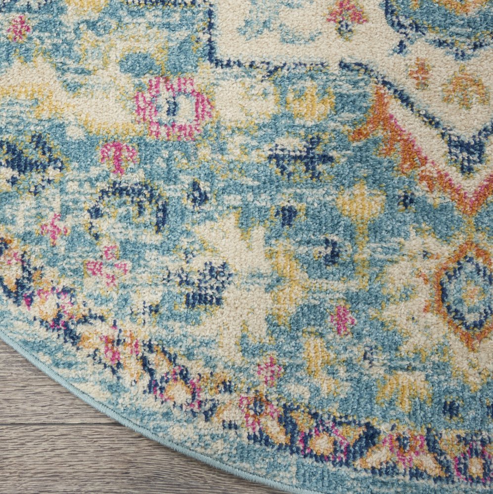 5' Ivory And Blue Oriental Distressed Round Rug