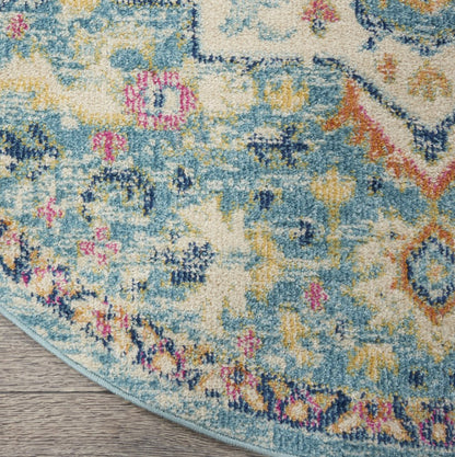 5' Ivory And Blue Oriental Distressed Round Rug