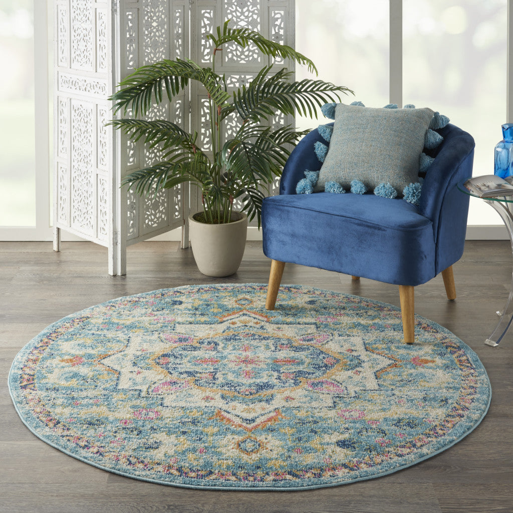 8' Blue And Ivory Round Dhurrie Area Rug