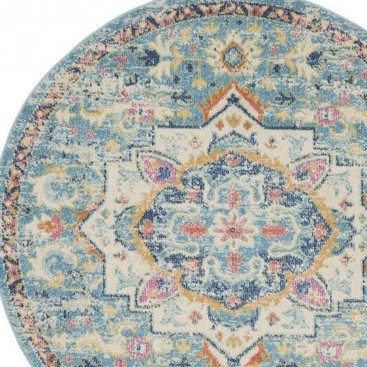 8' Ivory And Blue Oriental Distressed Round Rug