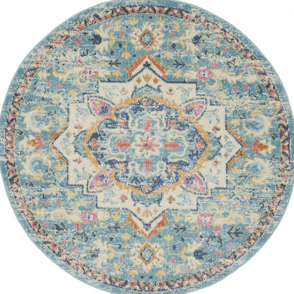 8' Blue And Ivory Round Dhurrie Area Rug