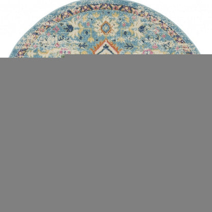 5' Ivory And Blue Oriental Distressed Round Rug