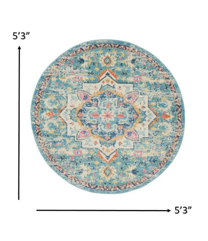 8' Blue And Ivory Round Dhurrie Area Rug