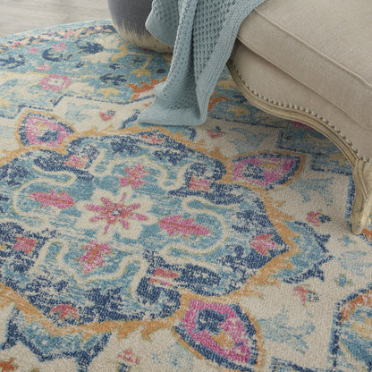 8' Blue And Ivory Round Dhurrie Area Rug