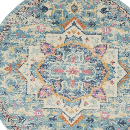 5' Ivory And Blue Oriental Distressed Round Rug
