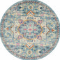 5' Ivory And Blue Oriental Distressed Round Rug