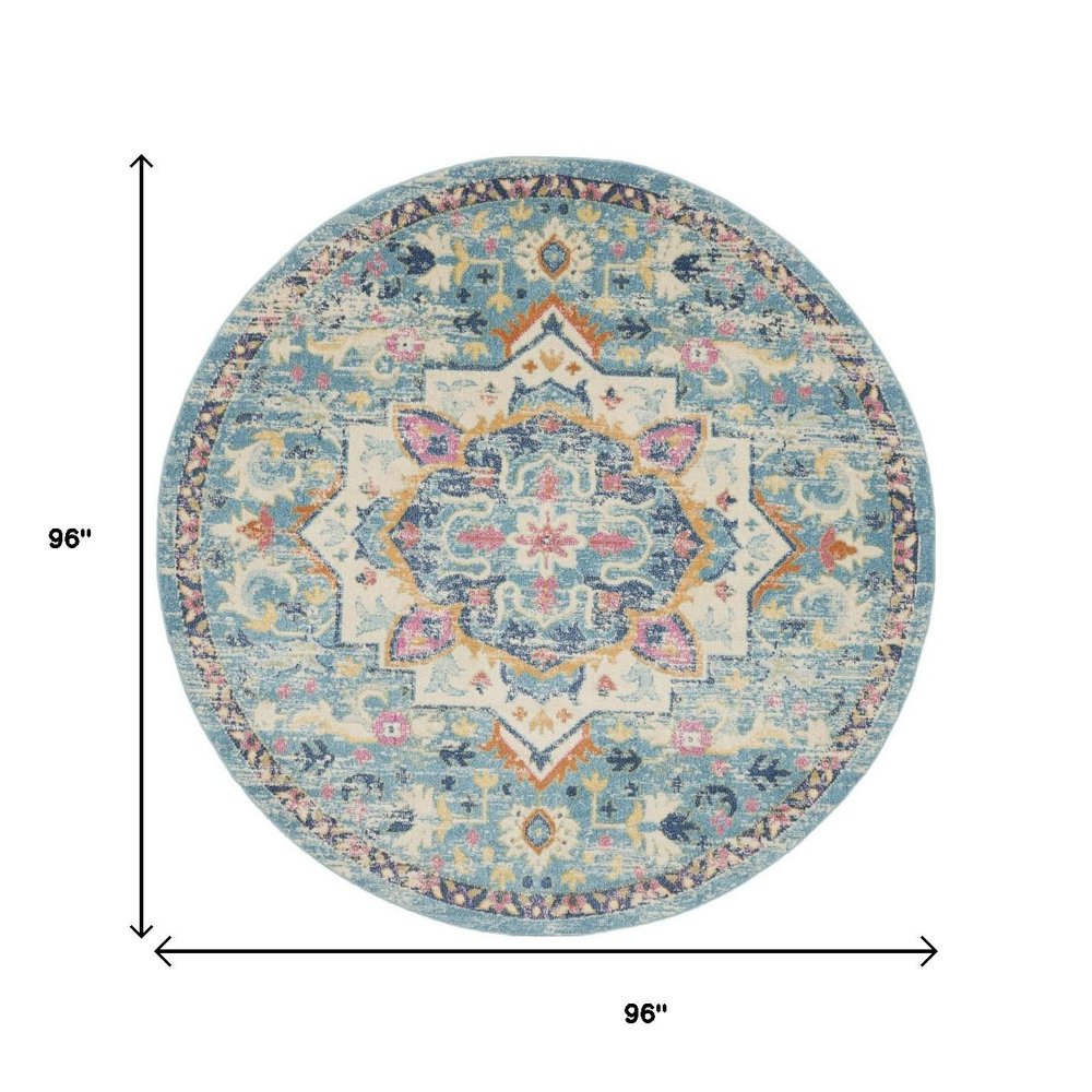 5' Ivory And Blue Oriental Distressed Round Rug