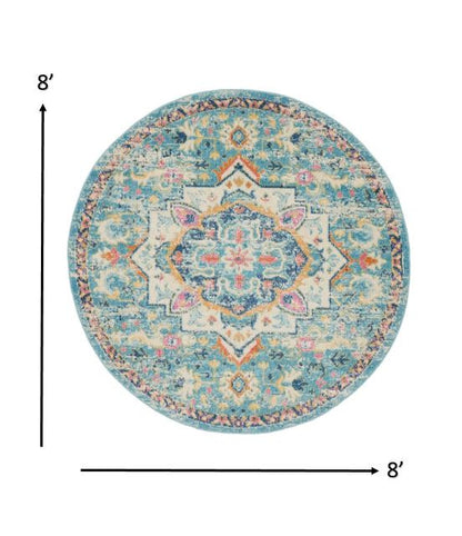 8' Blue And Ivory Round Dhurrie Area Rug