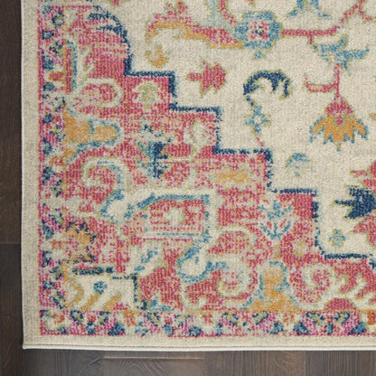 8' Pink And Ivory Southwestern Distressed Runner Rug