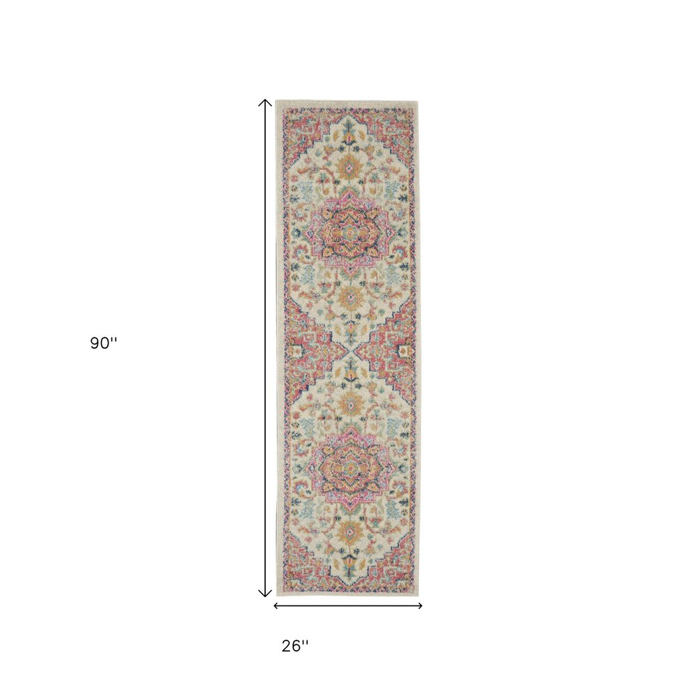 8' Pink And Ivory Southwestern Distressed Runner Rug