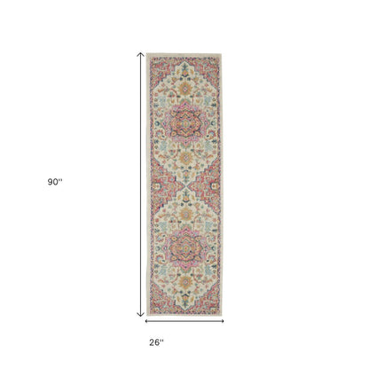 8' Pink And Ivory Southwestern Distressed Runner Rug