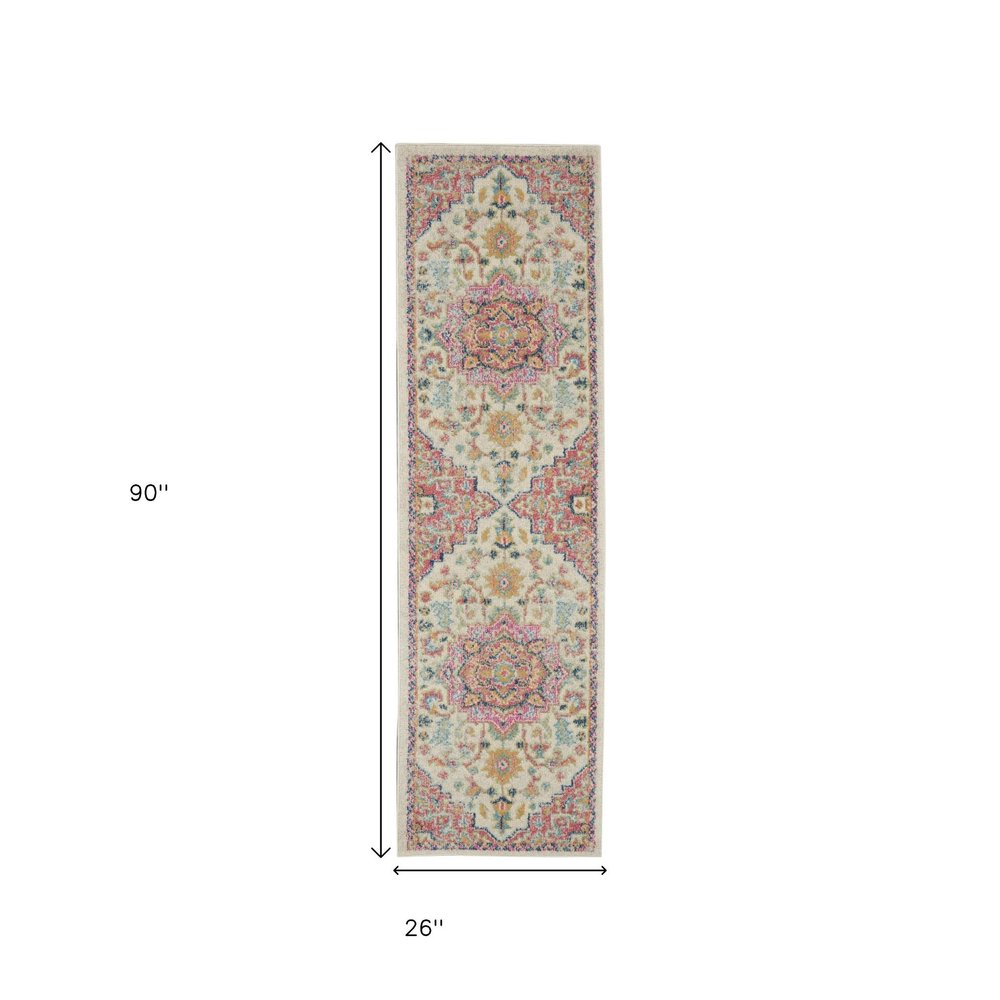 8' Pink And Ivory Southwestern Distressed Runner Rug